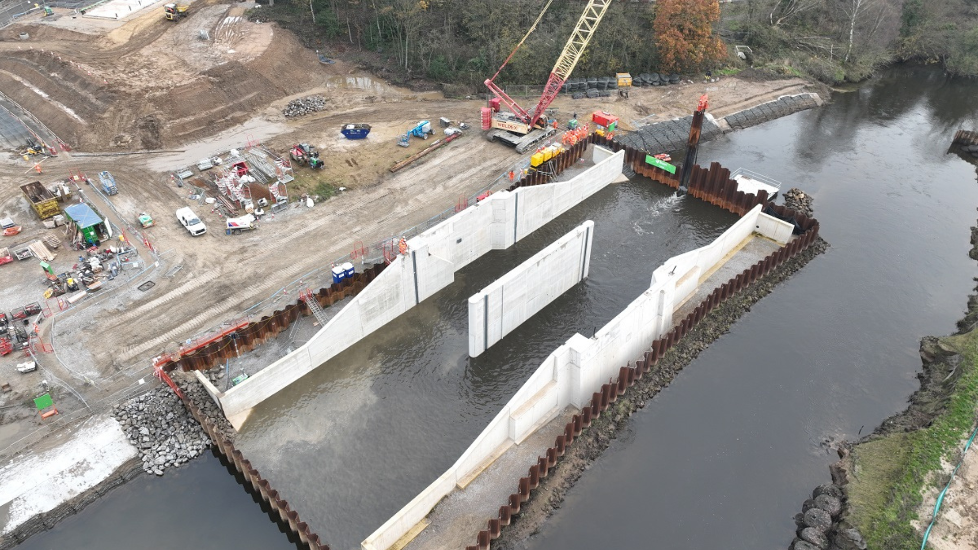 The progress of the flood alleviation scheme phase two - showing partial building works within the river aire