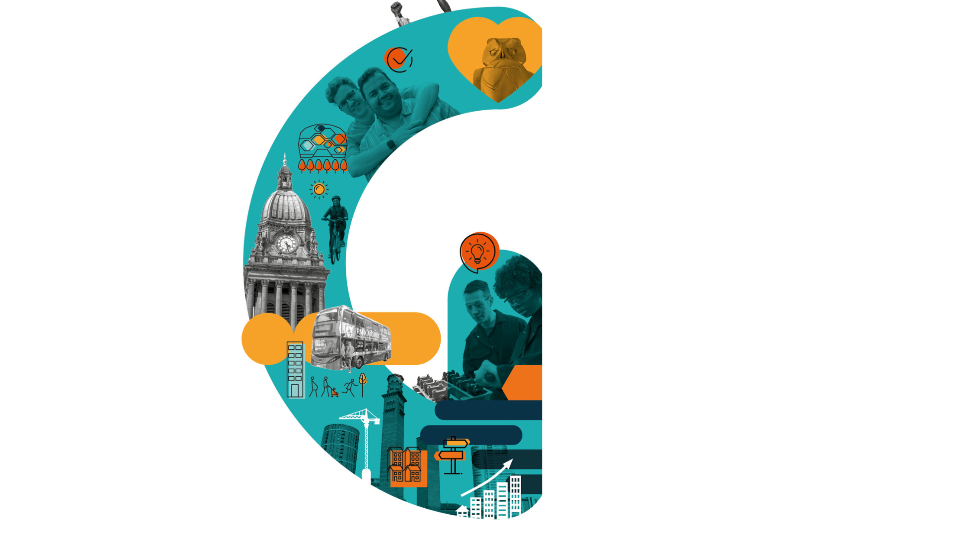 The letter G for Growth with infilled photos of a young women and man manufacturing as well as Leeds Town Hall, trains and buses and graphic elements representing growth in the city