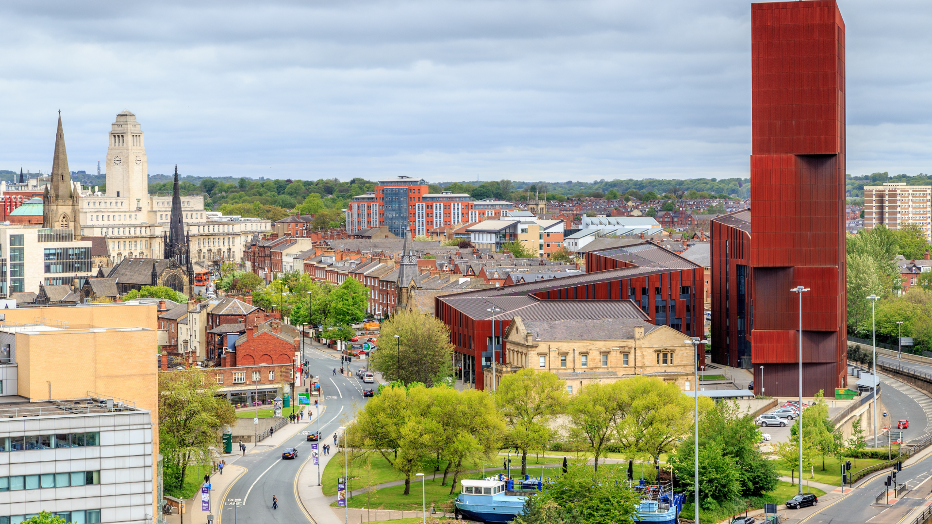 A Leeds skyscape with Broadcasting Tower, the dry dock pub and The Parkinson Building in clear view