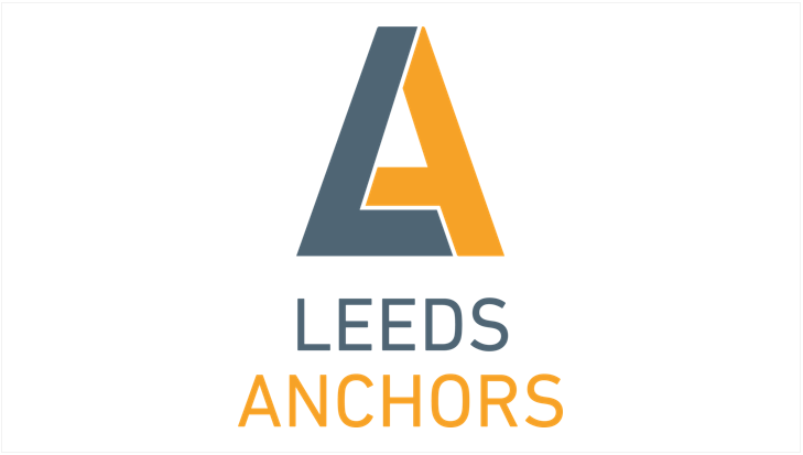 The Leeds Anchor Network logo: a grey letter L is placed next to half a letter A in yellow, forming a triangle. Underneath the shape reads 'Leeds Anchors'