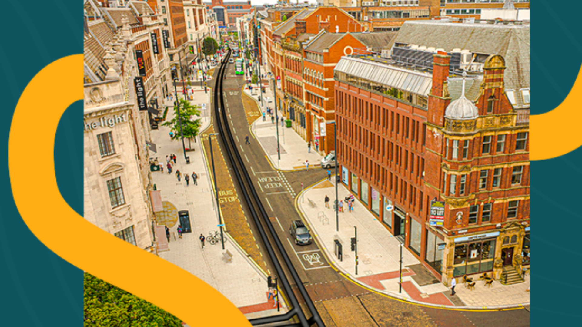 An image of Leeds Headrow with yellow graphics of pipes running either side of the image