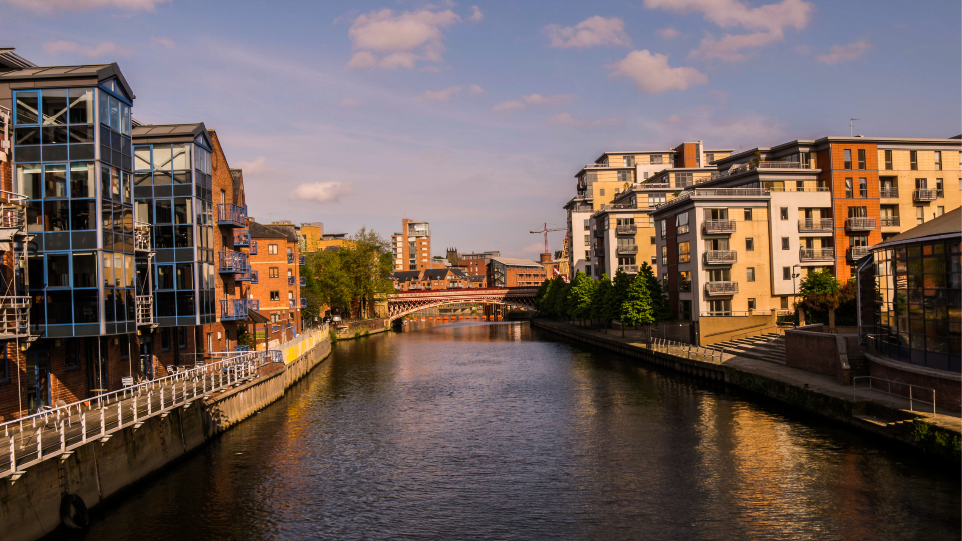 An image of the river aire looking down the river towards Leeds Bridge