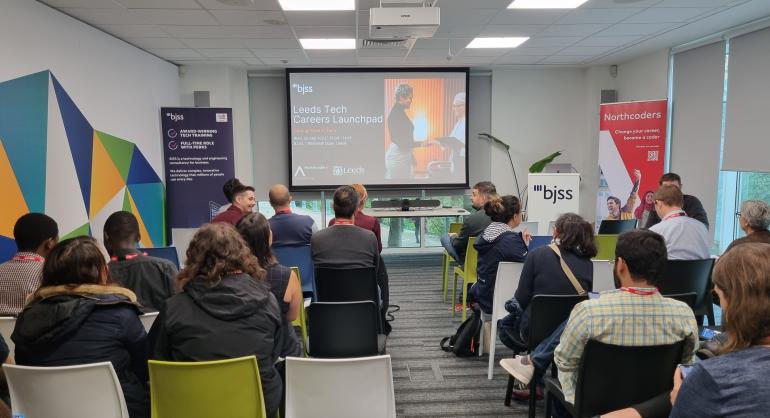 Image of attendees at Leeds Tech Careers Launchpad event hosted at BJSS 