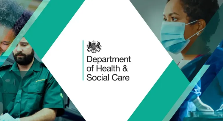 image of DHSC logo and Dr's and nurses in background