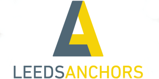 The logo for the Leeds Anchors Network in grey and yellow with an L and A forming a triangle shape