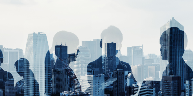 A graphic showing large high rise office blocks with shadows of men and women working over layed on the buildings