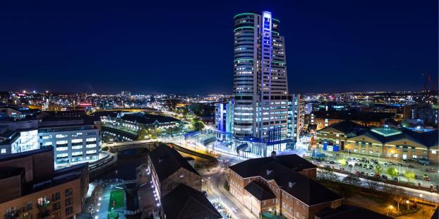 A nightscape of Leeds with a focus on Bridgewater Place