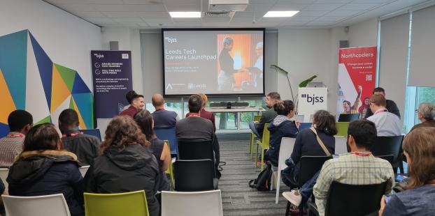 Image of attendees at Leeds Tech Careers Launchpad event hosted at BJSS 